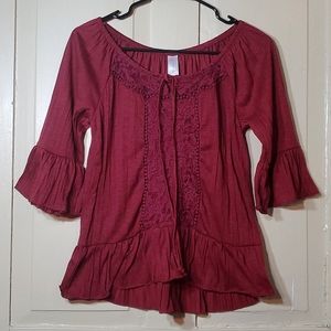 Maroon Peasant Blouse Lace Front by No Boundaries